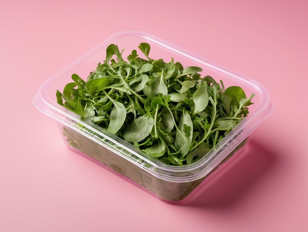 blank Transparent Plastic Container with Arugula Salad, isolated, pink background, Mockup, mock up