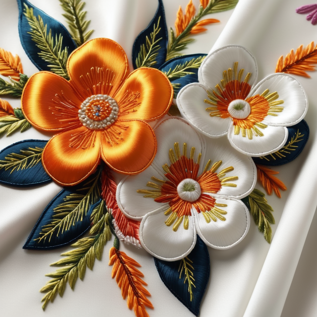 gold thread embroidery of wild flowers, sci-fi style, bright and cheerful colours, highly detailed, on a luxurious plain white silk fabric, with discreet shadows and volumes, sharp focus, spectacular lighting, depth of field, photographic quality, elegant, contemporary fashion, avatar film,