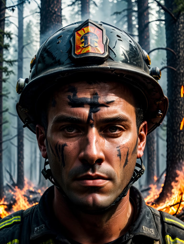 epic portrait of a Firefighter, forest fire, British Columbia Wildfire, Canada