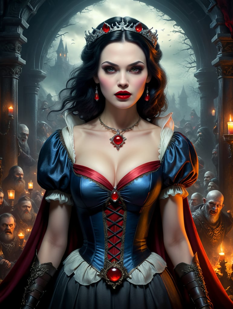 Fairy-tale Snow White, portrayed as a chillingly beautiful vampire, her skin glowing eerily in the dimming twilight, crimson lips against pale visage, amongst her band of dwarves, no longer jolly miners rather, they have morphed into grotesque mutant zombies, their forms twisted, eyes glowing with unearthly light, all set against an otherworldly backdrop that blends wistfully with the boundaries of the supernatural, digital painting, eerie atmospheric lighting, gothic style,