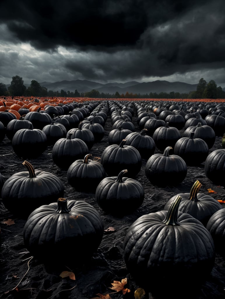 Black pumpkins in a spooky black field with dark clouds 8k Realistic 50 pumpkins in view