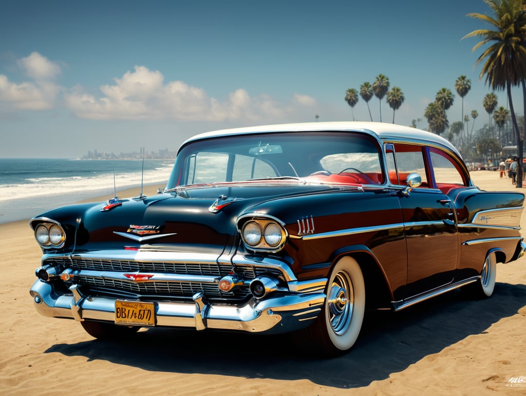 photorealistic lowrider style chevrolet bel air 1957, Los Angeles, beach background