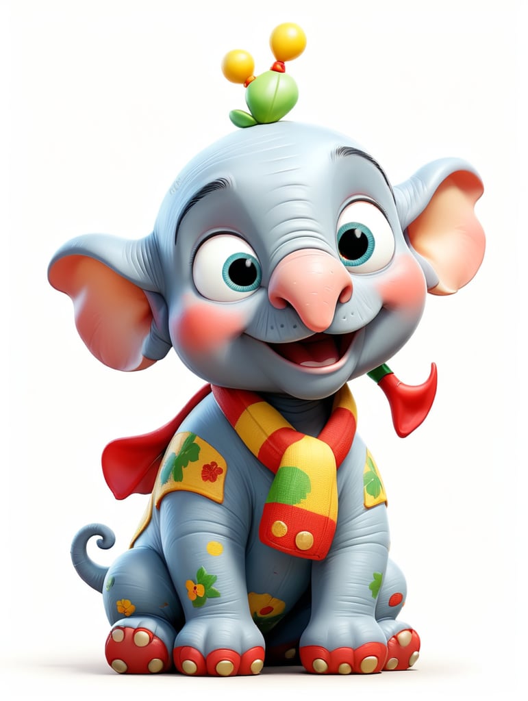 Christmas Baby Elephant Clipart, full body, on knees, in the style of Richard Scarry on white background