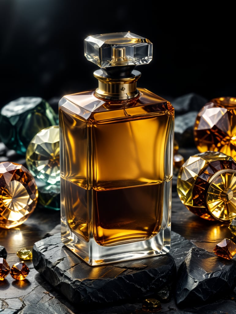 professional photography of a luxury perfume, square bottle, surrounding an amber gems, yellow satin scarf on a background, no label, clear, mockup