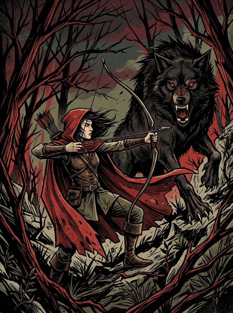 A stylized graphic illustration of a woman in a red hooded cloak aiming a bow and arrow while a massive, snarling black wolf with jagged claws looms behind her. Set in an ominous forest of bare red and black trees, the high-contrast artwork features sharp angular lines, distressed textures, and a limited palette of black, deep red, and muted olive green.