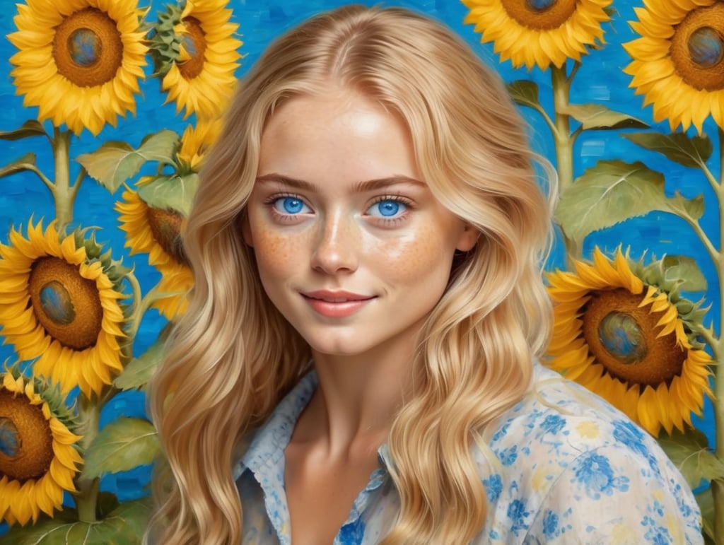 Mujer joven rubia un poco ondulada, ojos azules y pecas. vestida cotagge. Que predomine el amarillo y el azul, que se note alegre y fan de van gogh y monet. Ahora hazla pintando un cuadro impresionista sobre girasoles y que se vea como que ha pintado mucho
