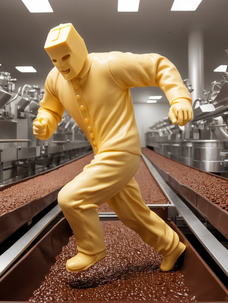 a person made of butter running a chocolate factory