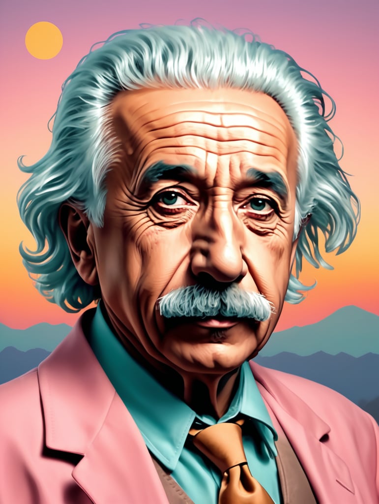 pop art comic style popular photo Albert Einstein, stylish, sunset, pastel colors --quality 2 --s 750 --v 5.2