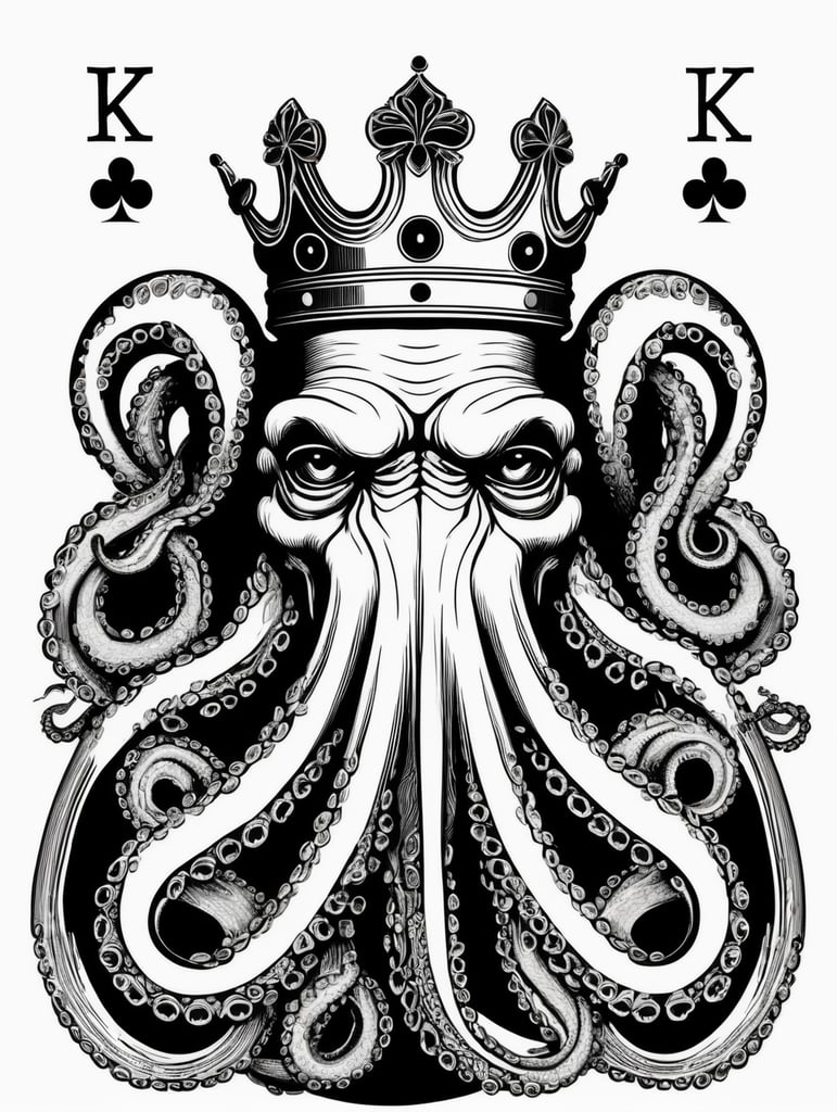 king octopus of clubs playing card, face card, linocut art style, black ink, ultra realism, simple lines, vector
