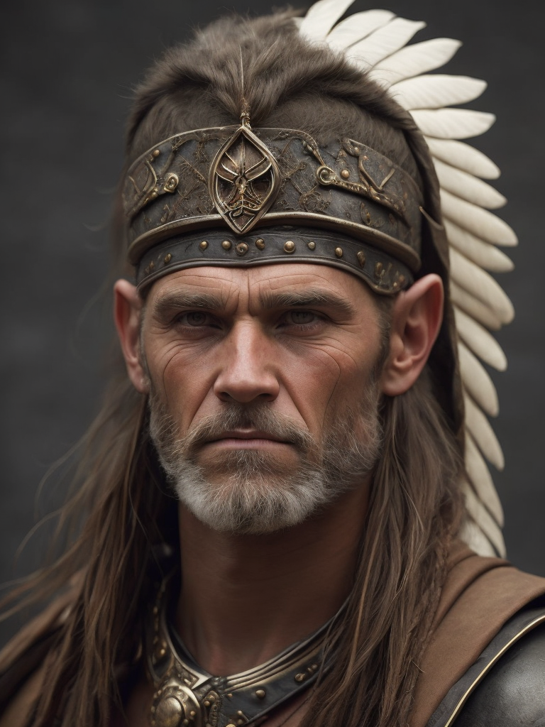 a viking warrior, semi-profile, wrinkled face, bright brown eyes, weathered skin, highly detailed, war paint, war bonnet,