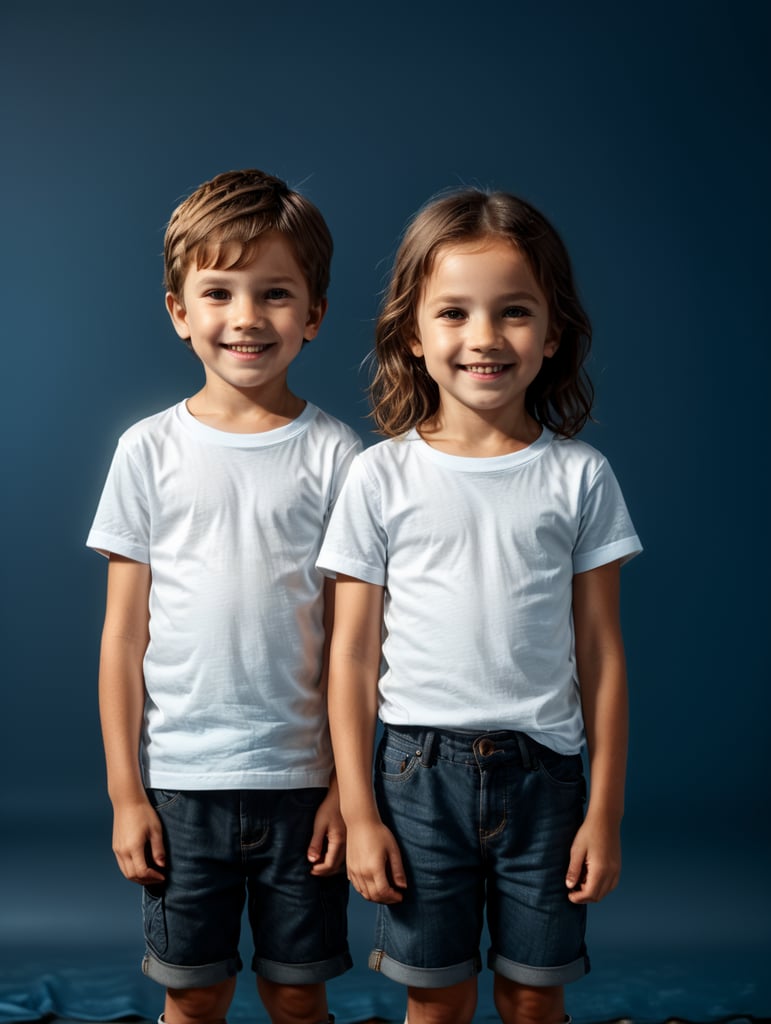a Little boy and girl wearing white t-shirts, standing in front of blue background, blank shirts no print, 9 years old smiling toddlers, photo for apparel mock-up