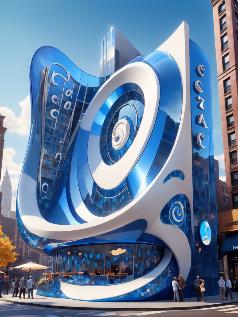 A futuristic neocosmic architectural facade of à Restaurant on the form of a musical note, in New York city, in blue glass, hyper realistic, hyper detailed, Nikon camera