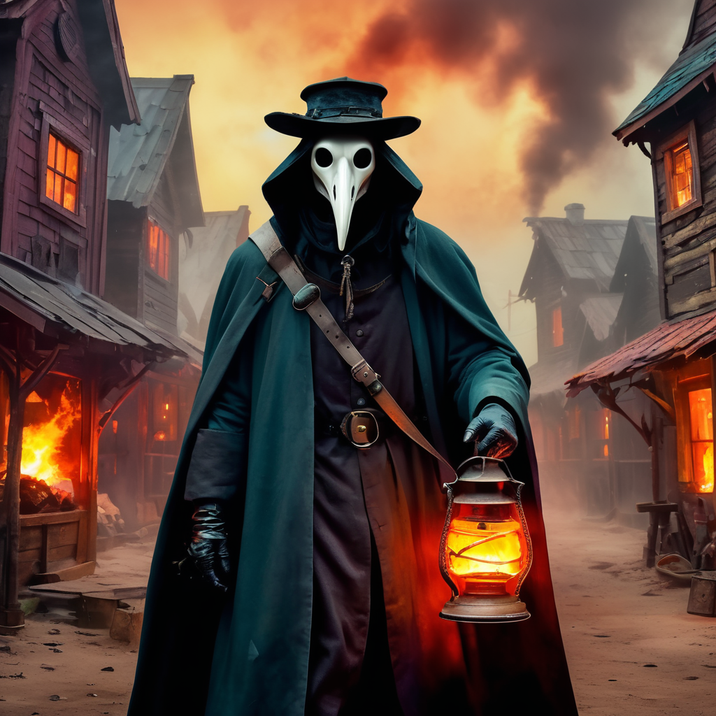 plague doctor, eater of worlds, demon, creepy, fire elements, ghost town, 19th Century vivid saturated colors, highly detailed, contrast colors