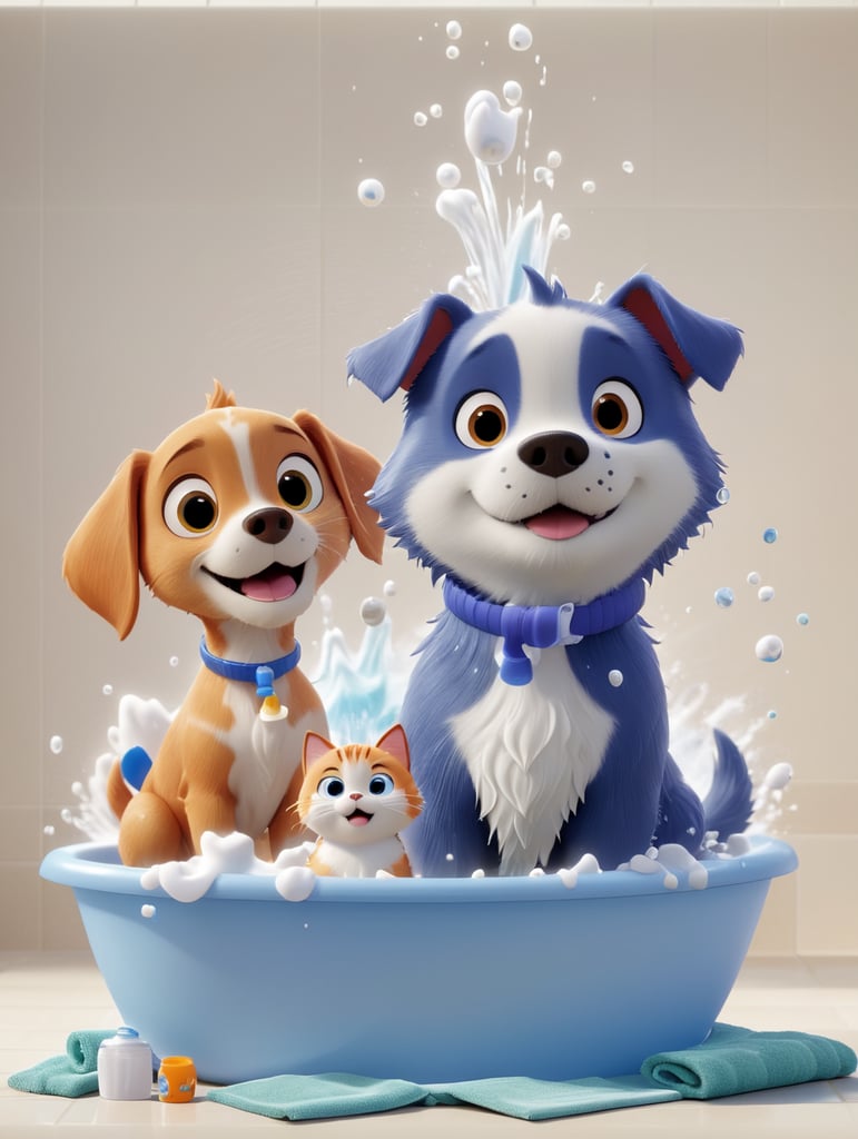 cão e gato a tomar banho com shampo e toalha