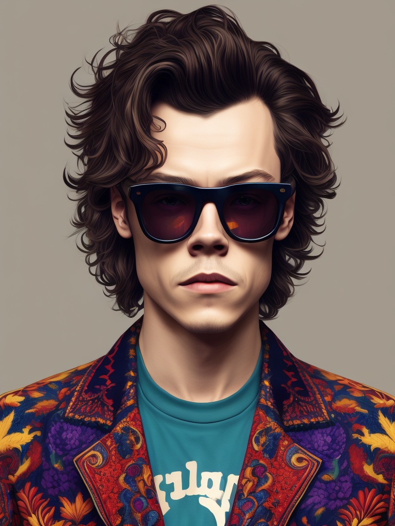 Harry Styles wearing a brightly patterned jacket and wayfarer glasses, Vivid saturated colors, Contrast color