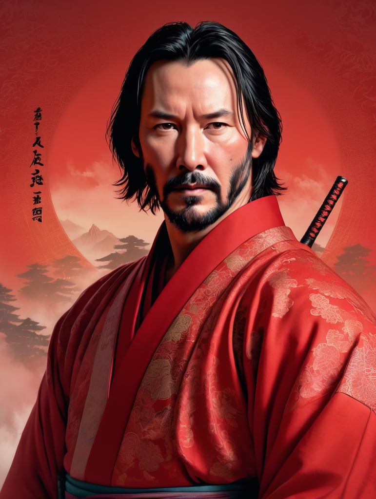 Portrait of Keanu Reeves as a samurai in a red kimono, serious look, detailed background in an oriental style, bright saturated colors