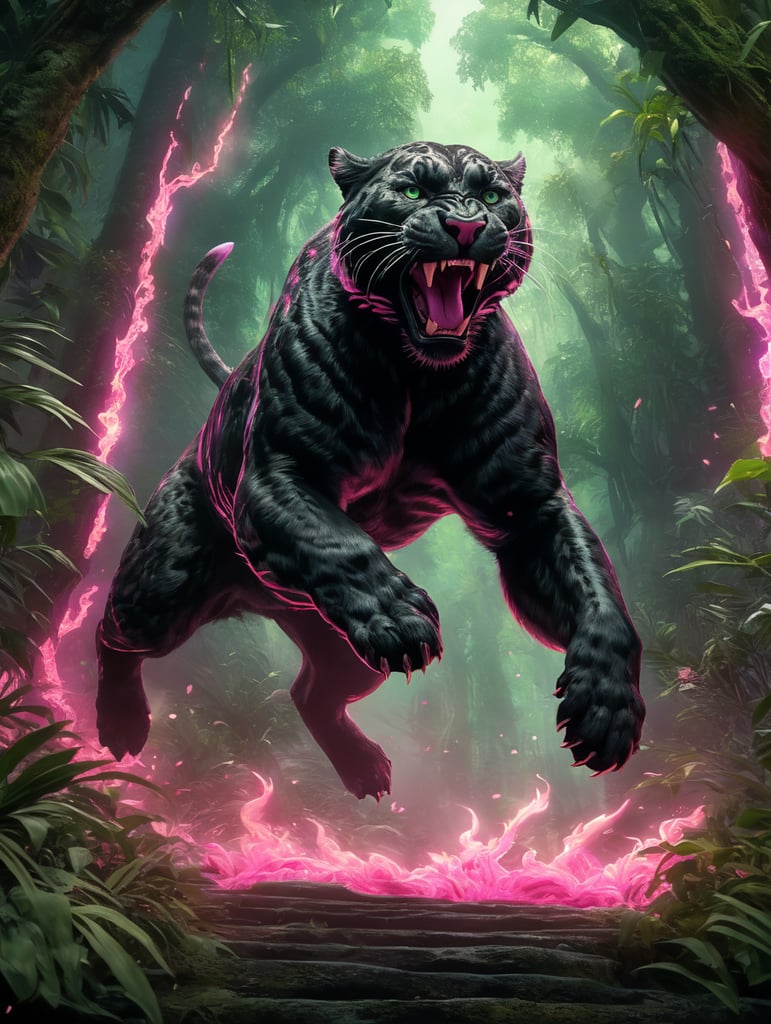 A leaping furry panther surrounded by neon pink flames in a dreamy lush dark green jungle