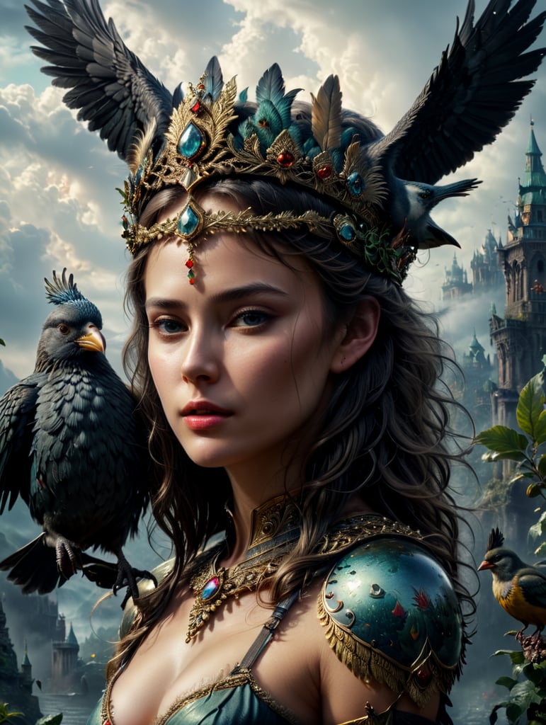 Illustration from a Russian fairy tale, a beautiful girl with the body of a bird and a crown on her head