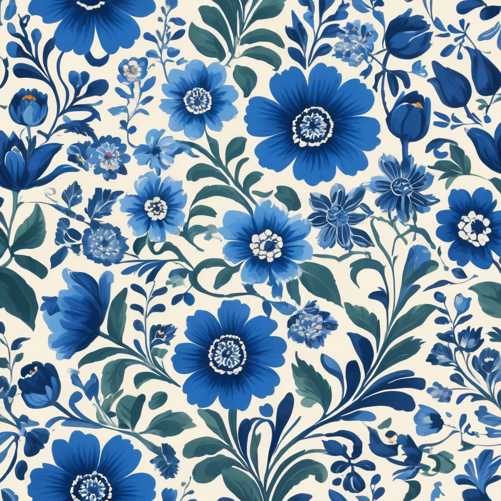 Seamless pattern beautiful floral pattern with blue flowers in the background, in the style of polish folklore motifs, juliana nan, mexican folklore - inspired, tivadar csontváry kosztka, clara peeters, texture exploration, blue color scheme, blue pallete, amoled, 264k render HD