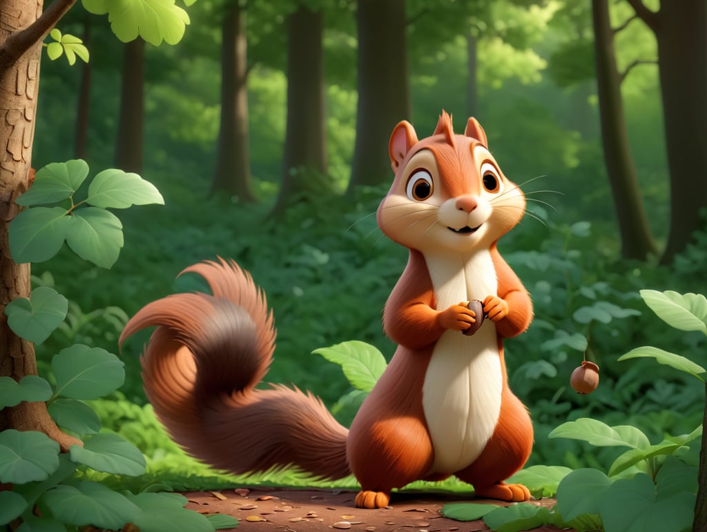 squirrel standing with a nut in his hands in a green forest thick leaves lush trees nature scenery picturesque landscapes enchanting foliage serene woodland botanical beauty