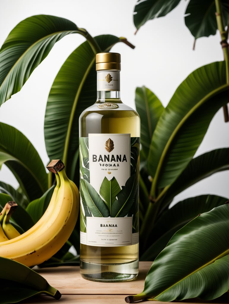 Packaging and branding for a banana vodka brand as if it had been designed by HI ESTUDIO with In a set design with banana, banana leaves.