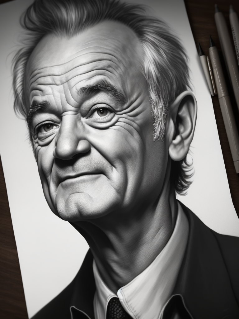 black and white, rough sketch of bill murray