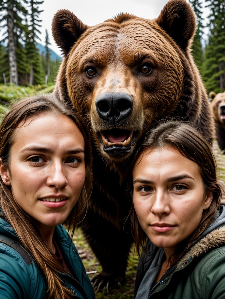 a young women adventurer makes selfie with angry grizzly bear in Canada, British Columbia, forest location