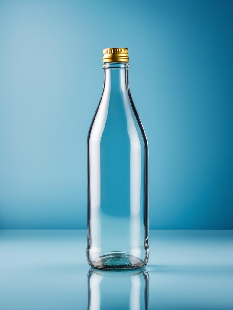 a transparent Glass Bottle, Empty, Clean, Clear, isolated, blue background