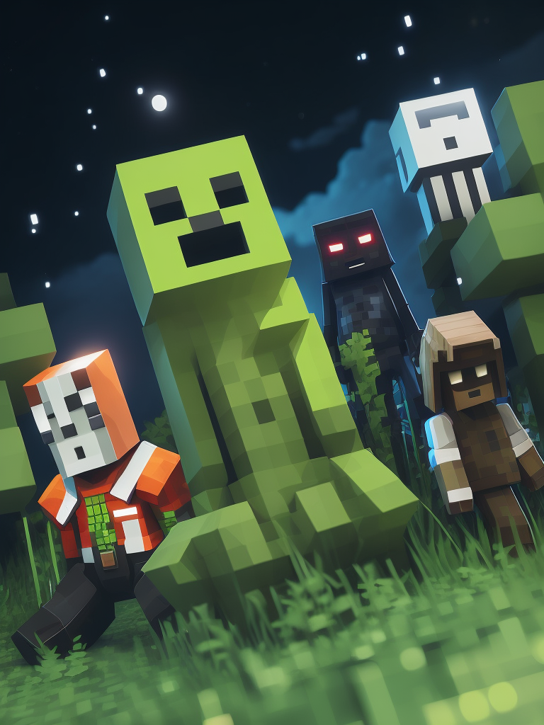 Minecraft character creeper in the night forest, pixel style, blocks, vibrant colors, clear details