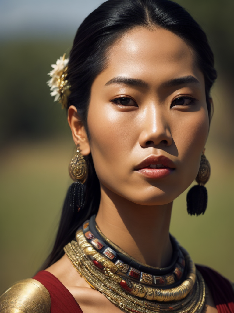 Profile portrait of a stunningly beautiful light skinned asian tribal female, depth of field, zeiss lens, detailed, symmetrical, centered, fashion photoshoot, by annie leibovitz and steve mccurry, david lazar, jimmy nelsson, breathtaking, extremely detailed, beautiful, establishing shot, artistic, hyperrealistic, beautiful face, octane render, Blurred background