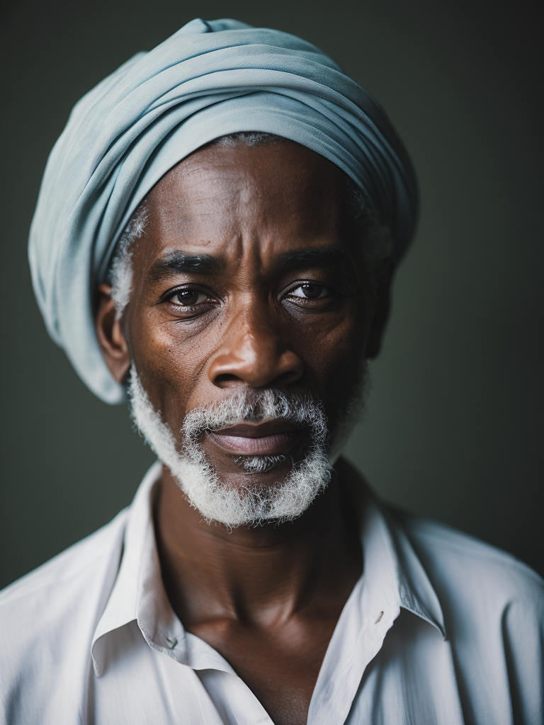 Jamaica's Old Man, portrait, realistic image, lots of details, wearing turban