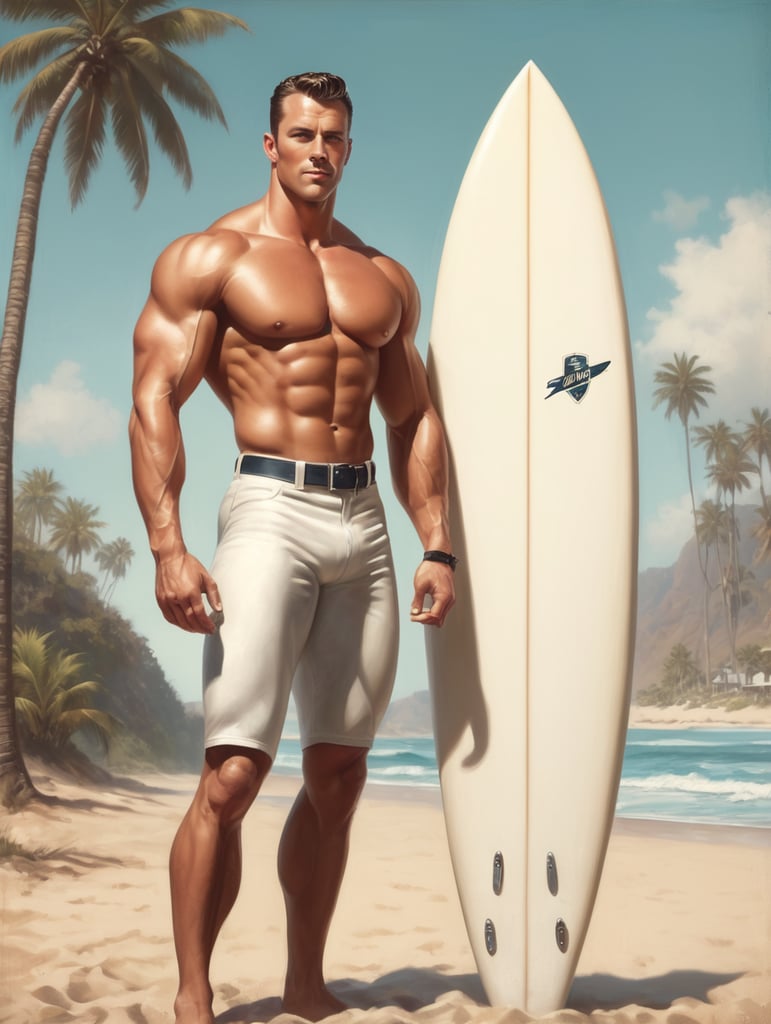 Pin up art, a white muscular man with a surfboard next to him.