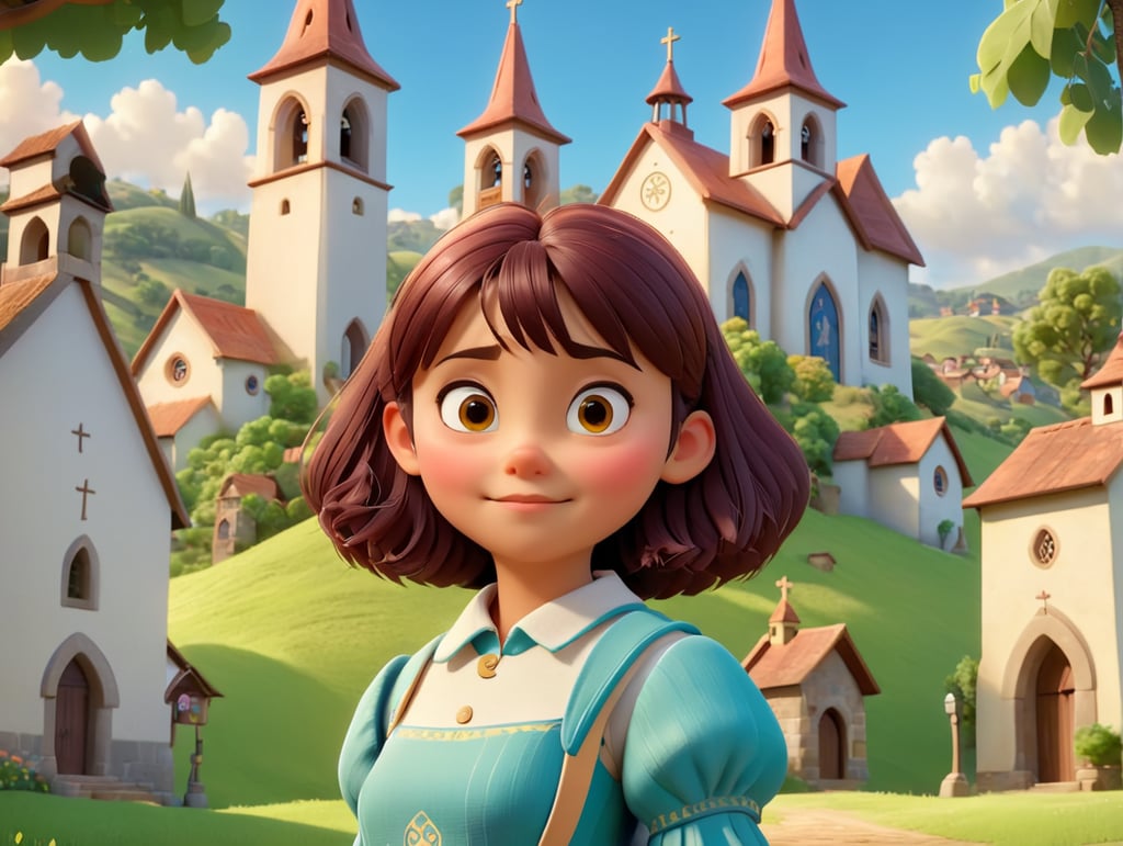 Show the young protagonist, Mia, with a kind and compassionate expression on her face, standing outside the church in a picturesque village nestled between rolling hills and lush forests, animated Pixar style, high-quality image, illustration, 4k, 3D
