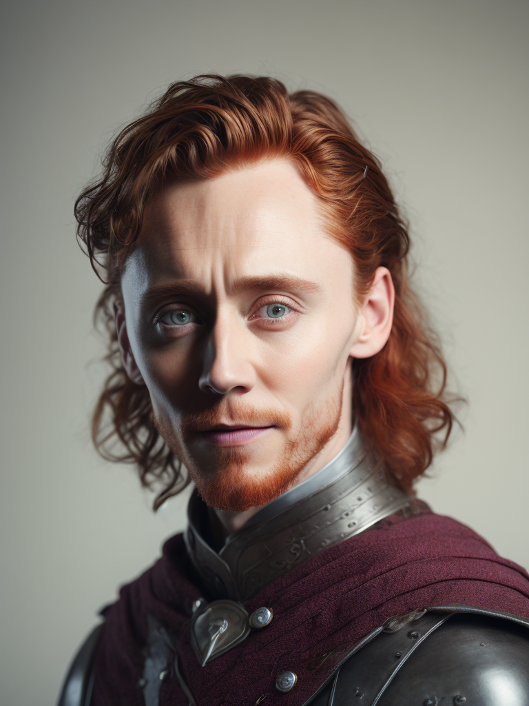Portrait of Tom hiddleston with red hair in medieval style, detailed face, contrasting light