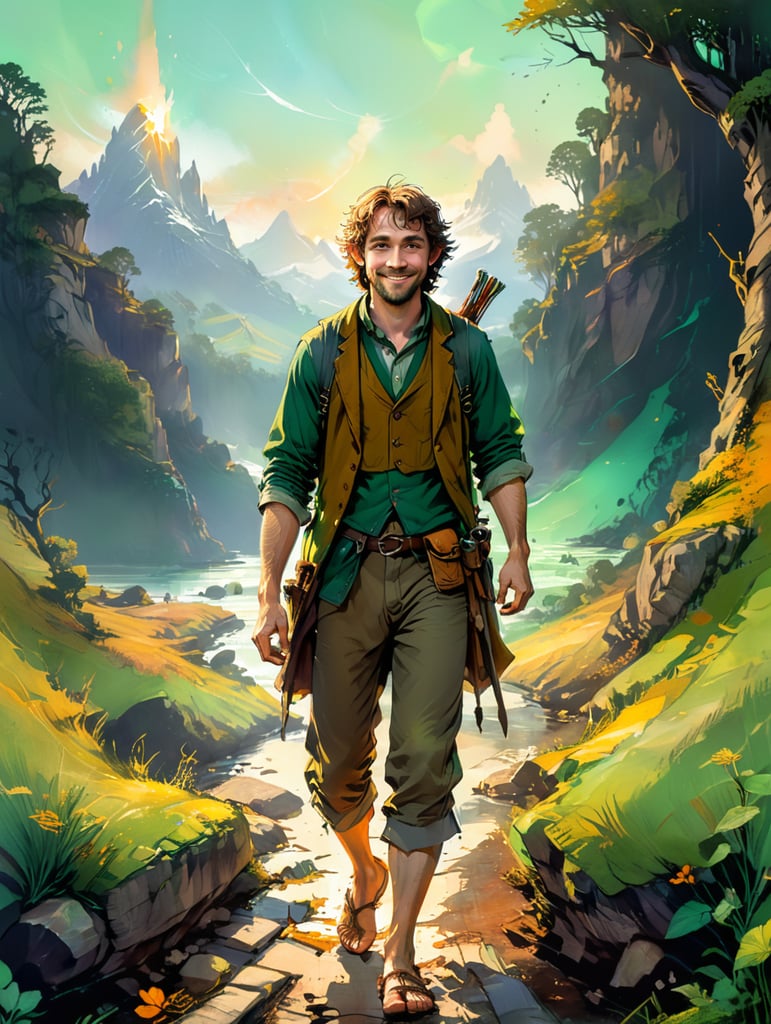Hobbit man, barefoot, weed pipe, male, man, short, wavy brown hair, smile, lord of the rings, tolkien, barefoot, hobbit clothes yellow and green, the shire, intelligent, perceptive, cloak, waistcoat, stealthy, billhook, by riverbank
