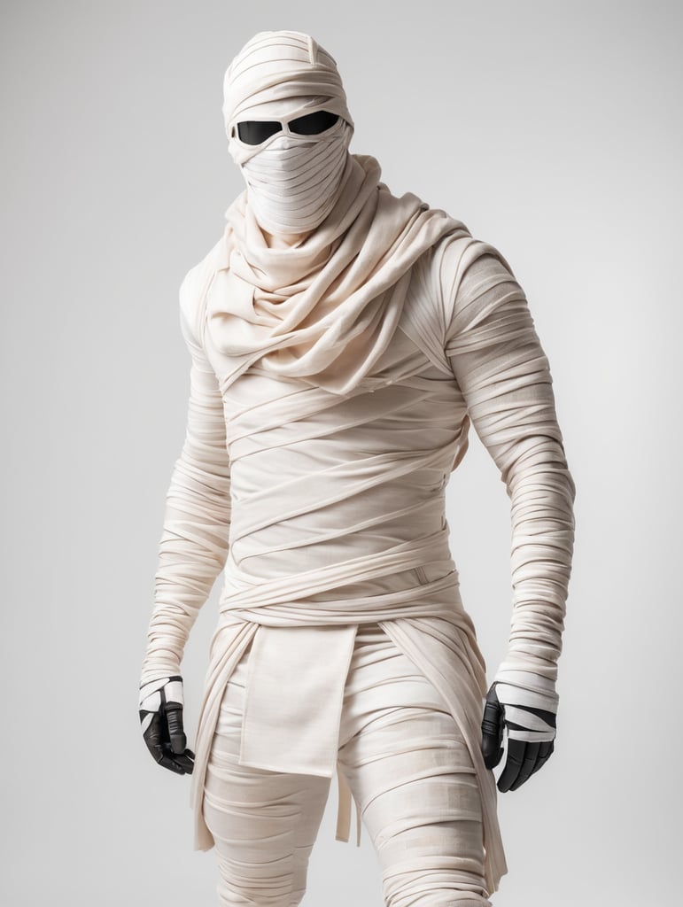 A photograph of mummy costume covered in bandages for a male character with fortnite style, halloween costume, white background, full body