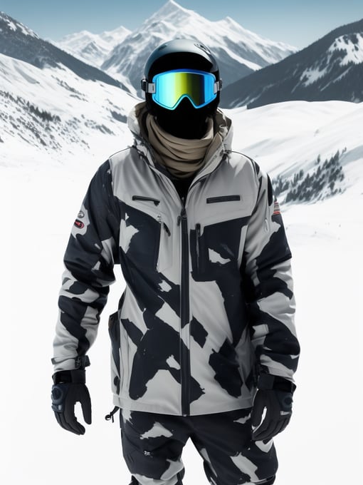 A man in a snowboard suit with snowboard goggles, against the backdrop of snow-capped mountains, high quality details