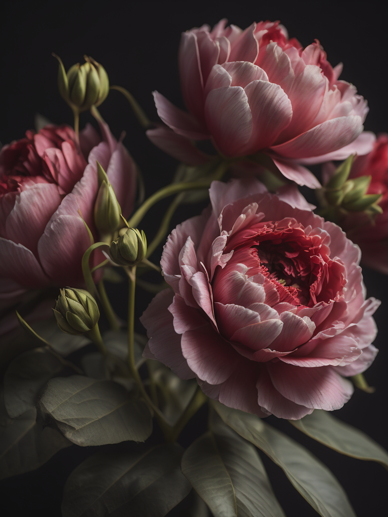 beautifully red peonys, bright and natural colors, elegant, highly detailed, sharp focus, bright expressive, incredibly high detailed, with black background