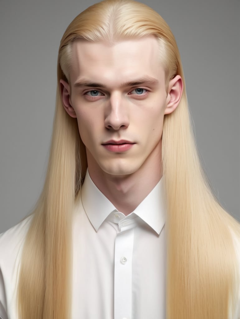 Young pale man, very long blonde straght hair
