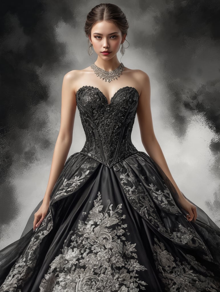 Recreate late girl wearing a black let's ball gown is standing. Let it be highly detailed and dynamic, on a clear white paper. Design that will shine. Use watercolor splatter art as complementary elements to add an intriguing pop of color that enhances the overall composition. Only black and white colors on the dress.Do not use any other colors on the dress. Present this fascinating work of art in a dazzling way. 8K resolution, poster, illustration,