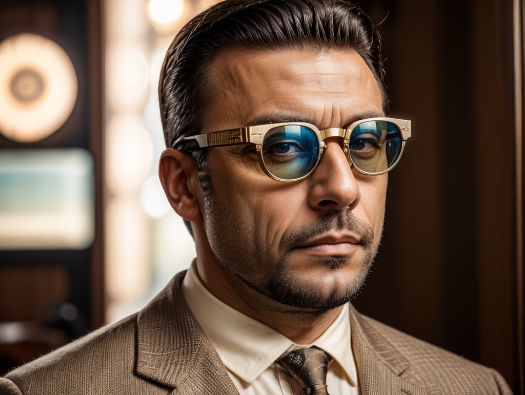 a man wearing augmented reality glasses in the style of vintage photographs from the 1960s, printed portrait of an old albo. The image on the augmented reality glasses needs to be from the 21st century