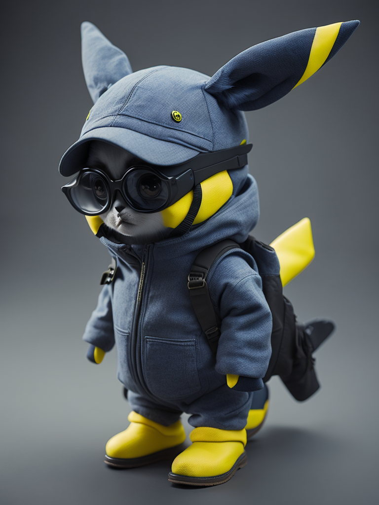 cute stylish Pikachu dressed in stylish futuristic sportswear clothes, big sneakers and a futuristic glasses