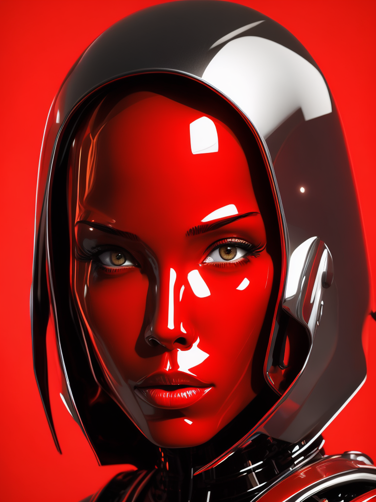 Portrait of an android girl made of red glossy material, sharp highlights, red background, Vivid saturated colors, Contrast color