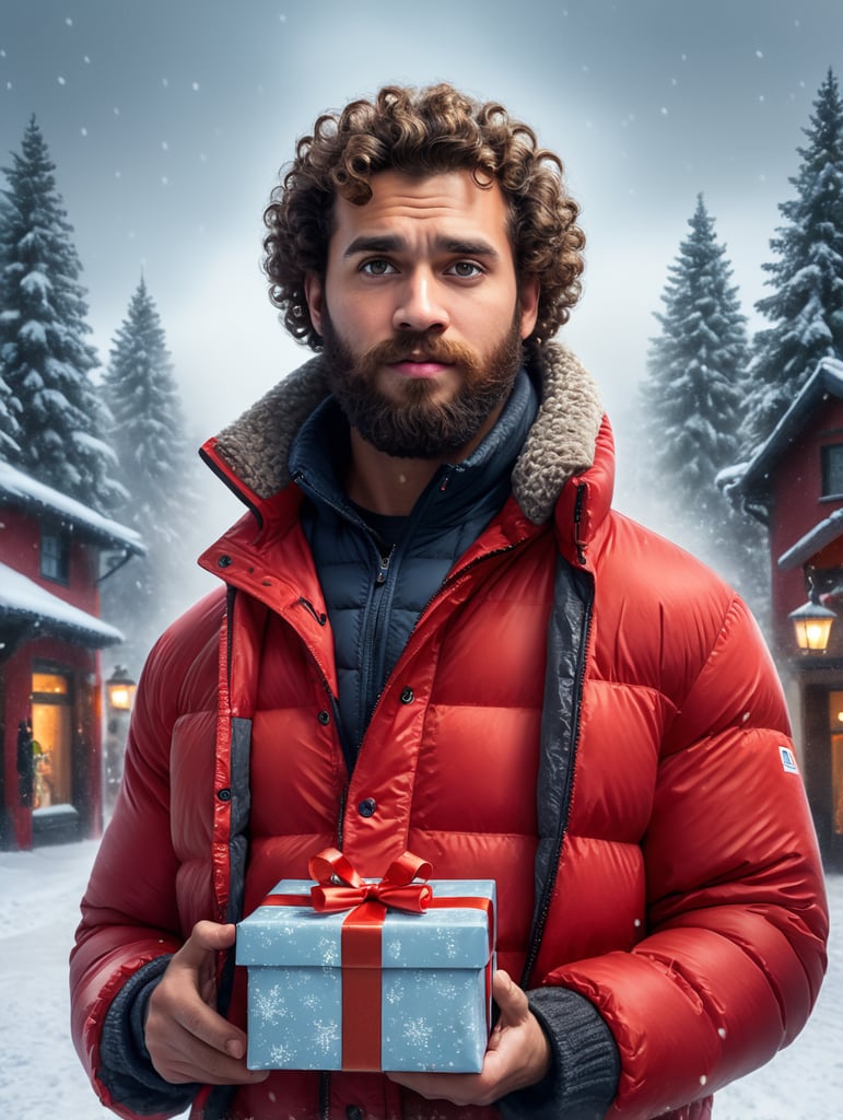 portrait of a bearded curly man wearing red puffer jacket, stands front camera with gift box his hand, snowy weather, Christmas time