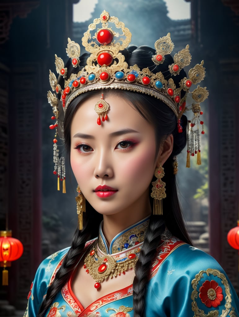 beautiful Chinese Zhangjiajie woman, dressed in a traditional outfit with Traditional Chinese wedding crown, standing, captured against a backdrop of a (dark room of an old Chinese temple, ) illuminated by a (daylight medium contrast source ), face turned three quarters