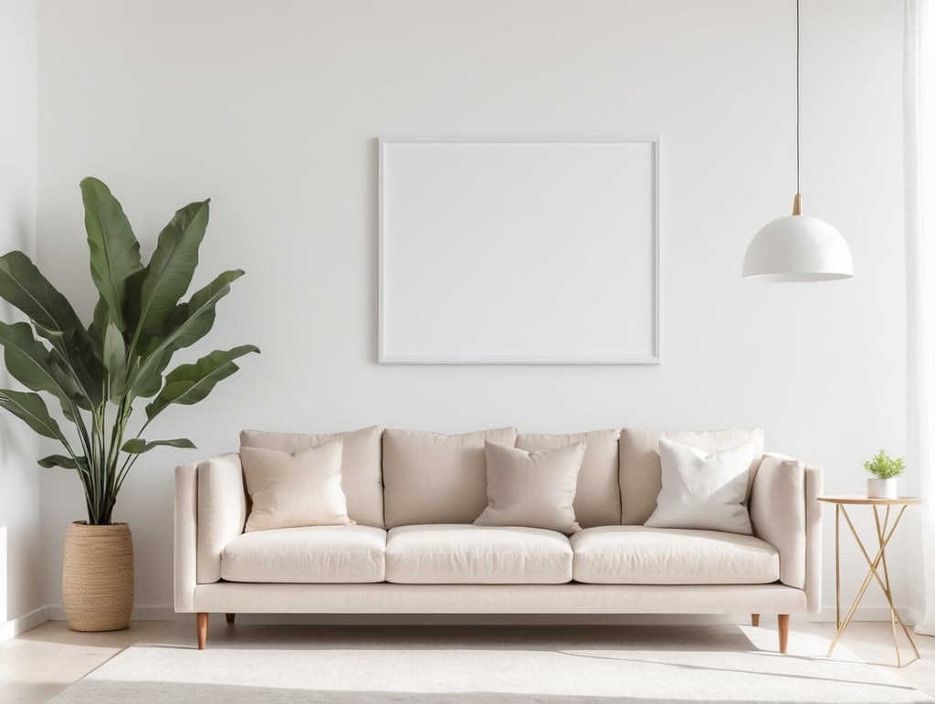 Mockup empty, blank poster frame, sitting on top of a sofa, contemporary style living room
