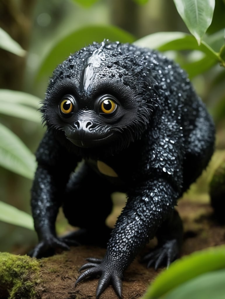 Kocsu: The Mysterious Inhabitant of the Rainforest Welcome to the depths of the Rainforest, where Kocsu, a unique and mystical creature, has found its home. This small, black, slimy animal is not just a simple creature but one of the most important inhabitants and wonders of the rainforest. Appearance: Kocsu is a creature with black, slimy skin, and its slippery surface helps it move effortlessly through the dense rainforest. With its unique appearance and shimmering feathers, it almost magically blends into its surroundings. Size and Shape-shifting: Though small in stature, Kocsu possesses a special ability: the power to change its body size, adapting to various situations for survival. This allows it to easily adjust to the diverse terrains of the rainforest. Diet: Kocsu enjoys feasting on tropical fruits such as bananas and mangoes. However, occasionally, it consumes smaller animals, contributing to the balance of the rainforest ecosystem. Behavior: During the night, Kocsu spend