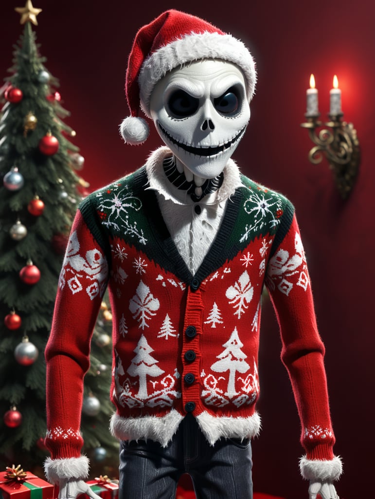 Jack Skellington standing wearing an ugly Christmas sweater red background