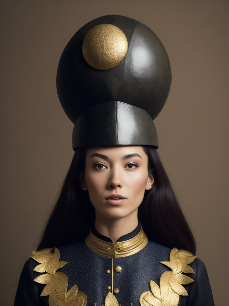 a woman wearing a realistic papier-mâché moon on her head, papier-mache moon, papier-mâché moon costume, in the style of sophisticated surrealism, photo-realistic still life, midnight navy and yellow gold, associated press photo, fashion photography, voluminous forms, curvilinear