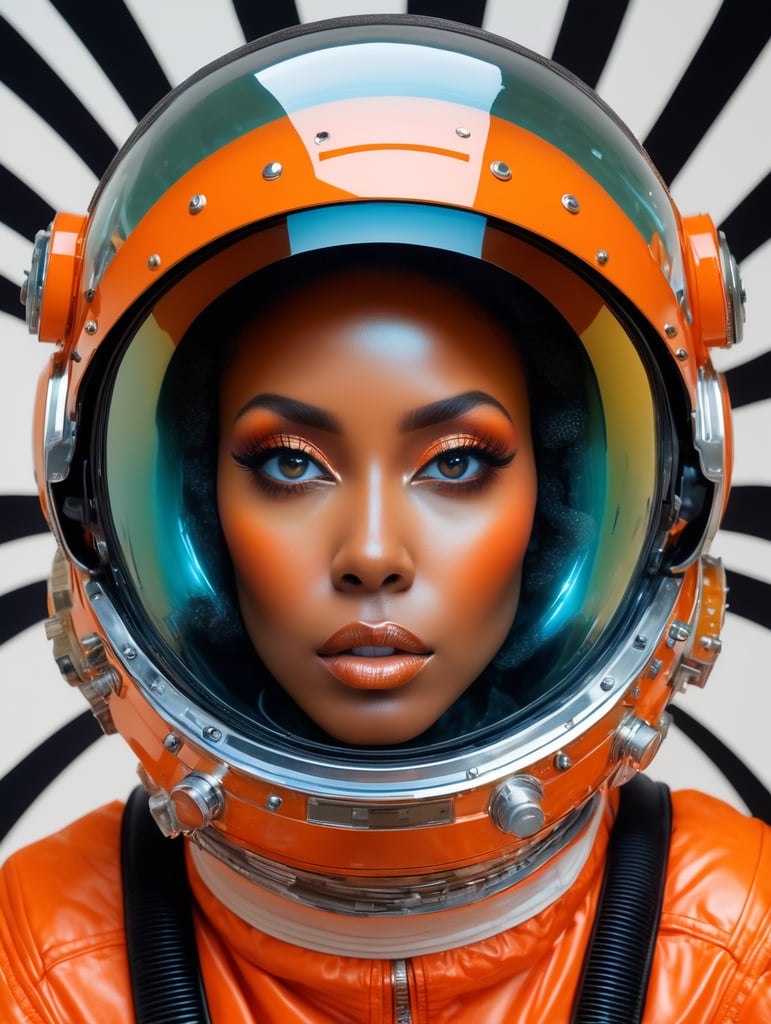 Abstract 1998, fashion photography, 24mm, long shot, 60's black woman astronaut in orange spacesuit with large plexiglass helmet, 80 degree view, art by victor moscoso and bridget riley kodak ektar 100 8k, make it magical by carne griffiths fluid art, conrad roset ilya kuvshinov, mark fielding, zwy studio high lights in eyes, salt. art by sergio lopez, natalie shau.